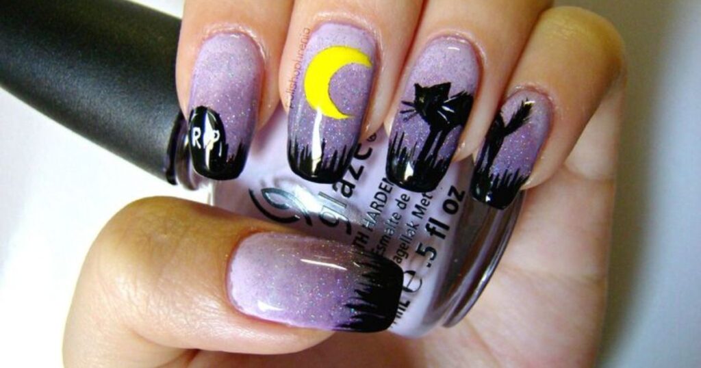 Glitter Black Cat Nails