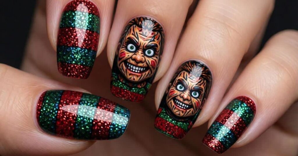 Glitter Freddy Stripes with Soft Sparkle: The Ultimate Freddy Krueger Nails Look