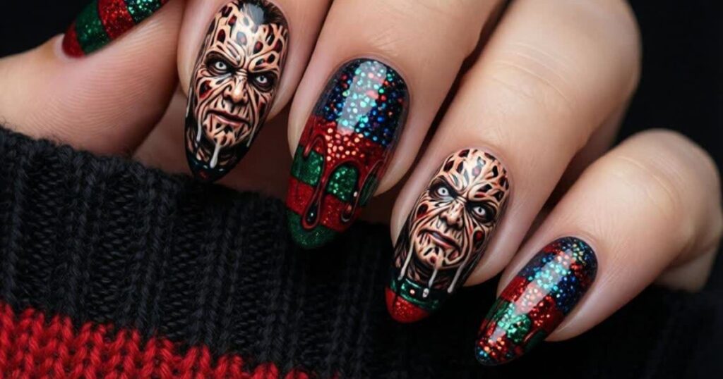 Glitter Sweater Nails with Melting Horror Texture: Freddy Krueger Nails