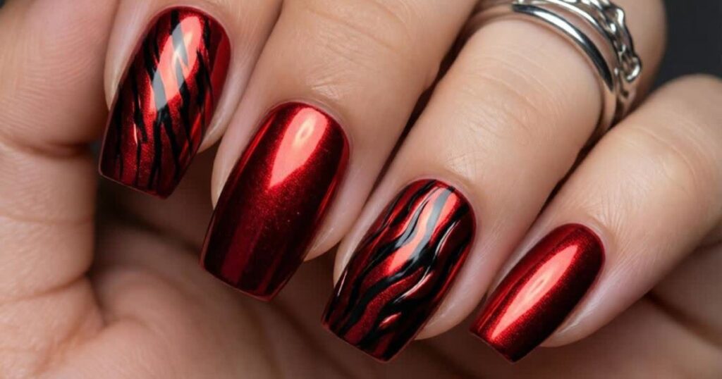 Metallic Red and Claw Stripe Accent Nails