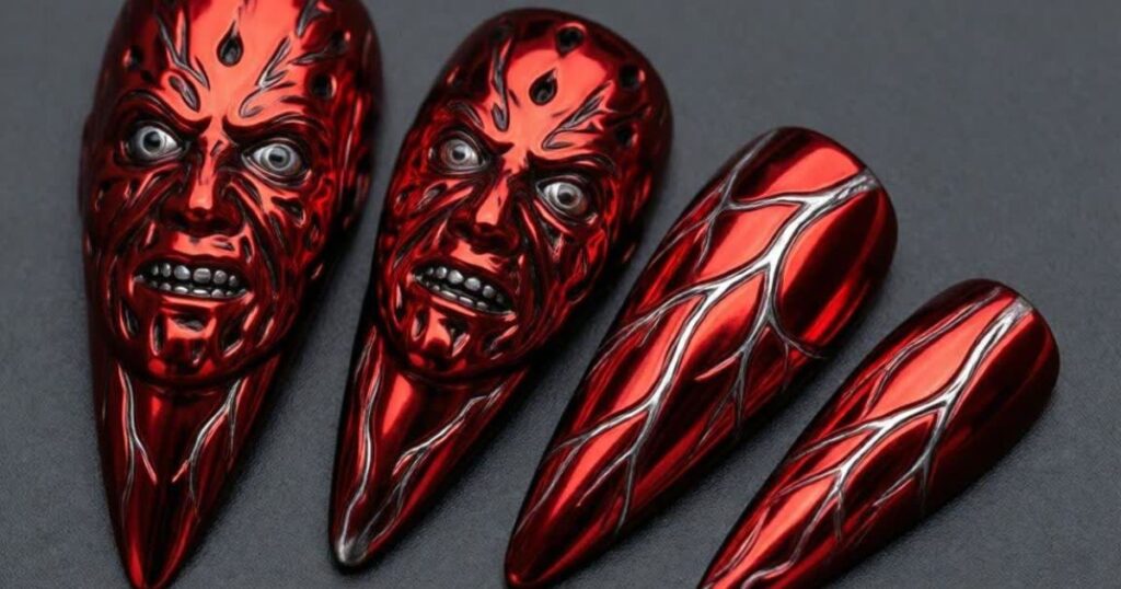 Red Chrome Freddy Krueger Nails with Vein Art