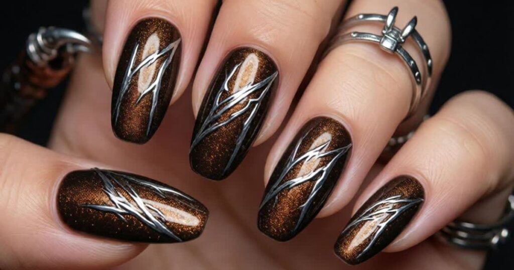 Shimmery Brown Nails with Silver Claw Slashes: The Perfect Freddy Krueger Nails Look