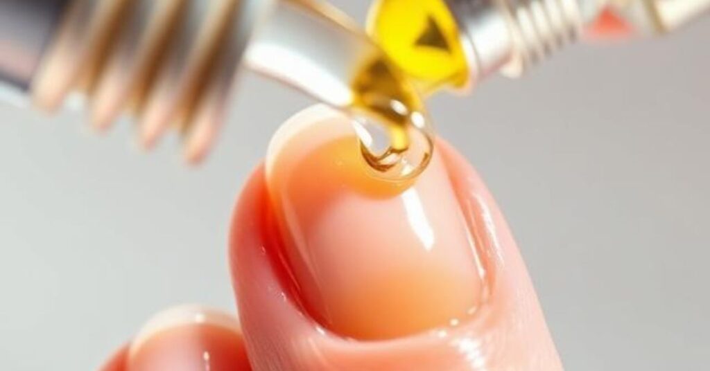 Close-up of healthy natural nails with milky gloss, cuticle oil being applied, bright natural lighting, focus on nail health, realistic skincare photography style