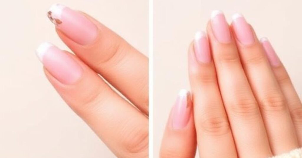 A comparison image showing slightly chipped sheer nails versus perfectly glossy soap nails, neutral background, realistic beauty photography