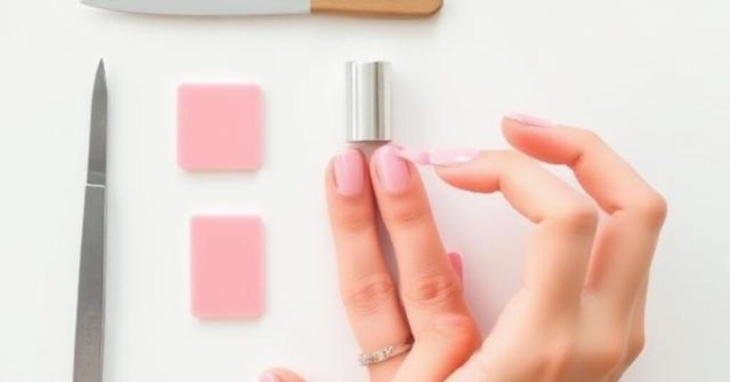 A step-by-step manicure setup with nail file, buffer, sheer pink polish, glossy top coat, and hands applying polish, bright clean workspace, minimal aesthetic