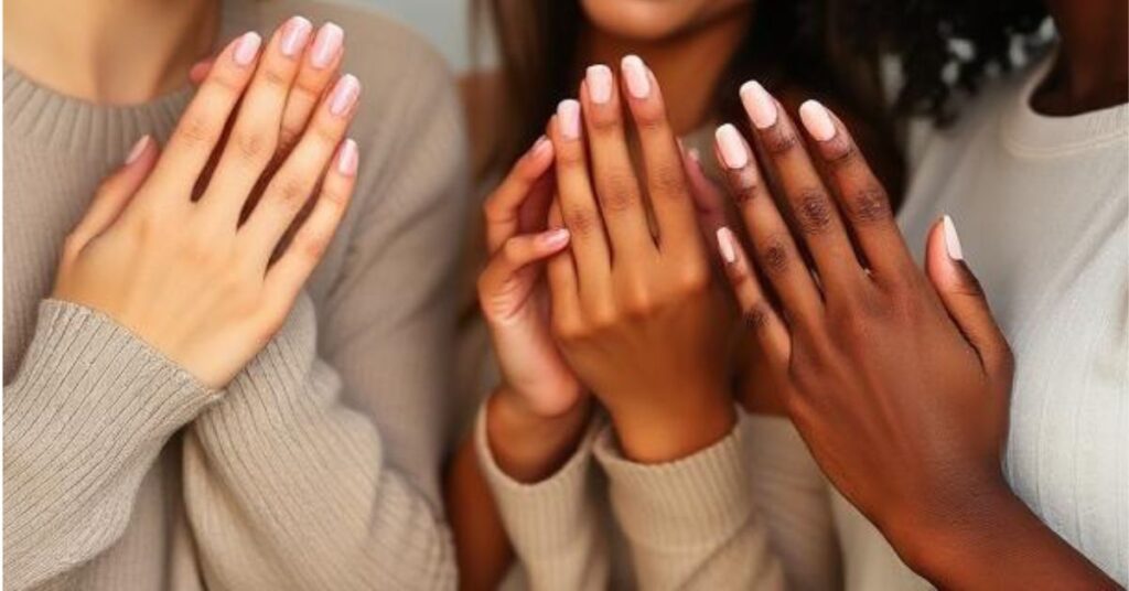 Diverse group of women with different skin tones showing short glossy soap nails, soft neutral clothing, lifestyle photography, natural lighting
