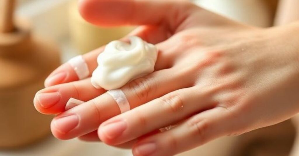 Close-up of hands applying hand cream with glossy soap nails visible, cozy home background, soft natural light, clean aesthetic