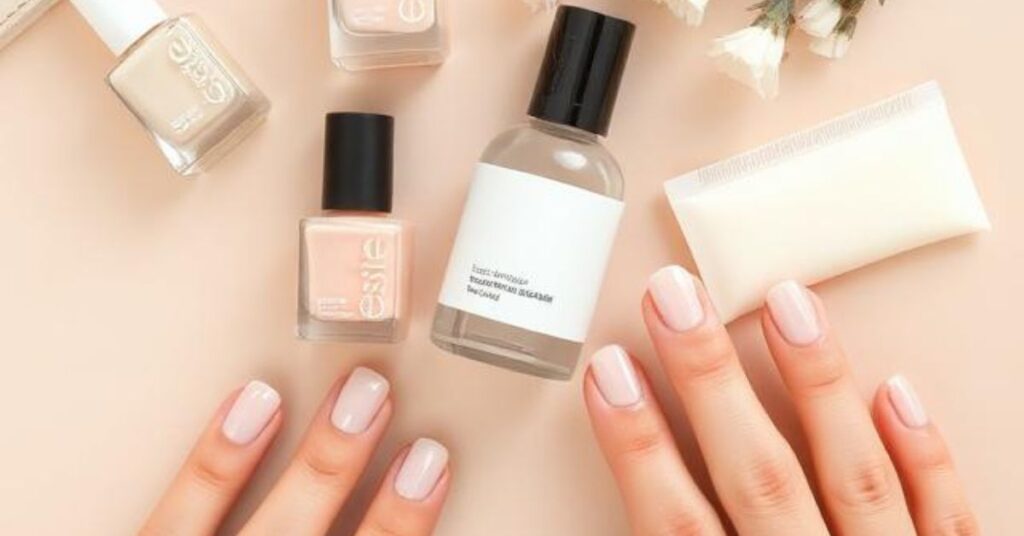 A flat lay of beauty essentials including neutral nail polish, cuticle oil, hand cream, and freshly manicured glossy soap nails on hands, minimal beige background, aesthetic lifestyle photography
