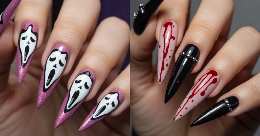 Black Coffin Nails with Blood Splatter Art