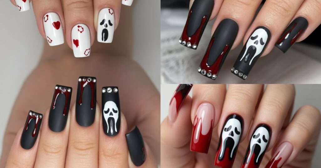 Black Coffin Nails with Dripping Tips, Crystals, and Ghostface Detail