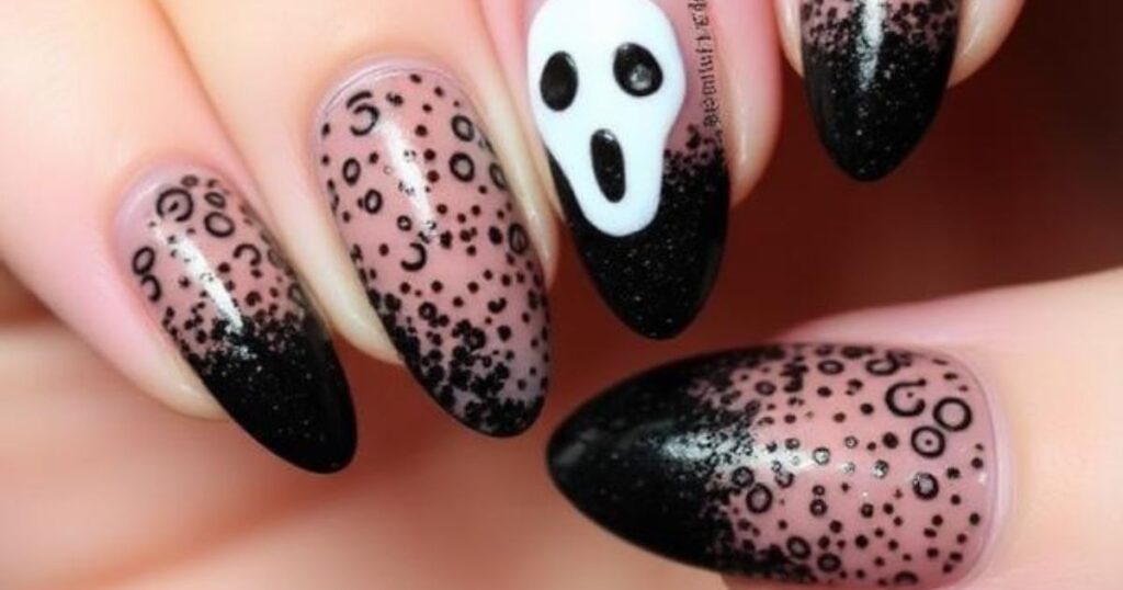 Black Glitter Almond Nails with Single Ghostface Feature
