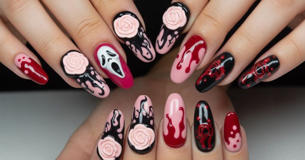 Black and White Almond Nails with Bloody Drips and Ghostface