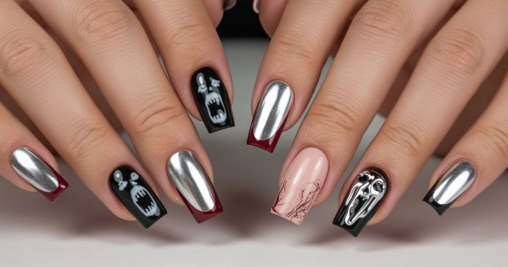 Chrome Oval Nails with Metallic Ghostface Art