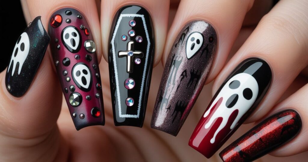 Horror Collage Nails with Red and Black Ghostface Art