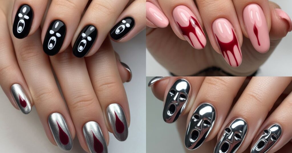 Minimalist Short Black Nails with Tiny Screaming Faces