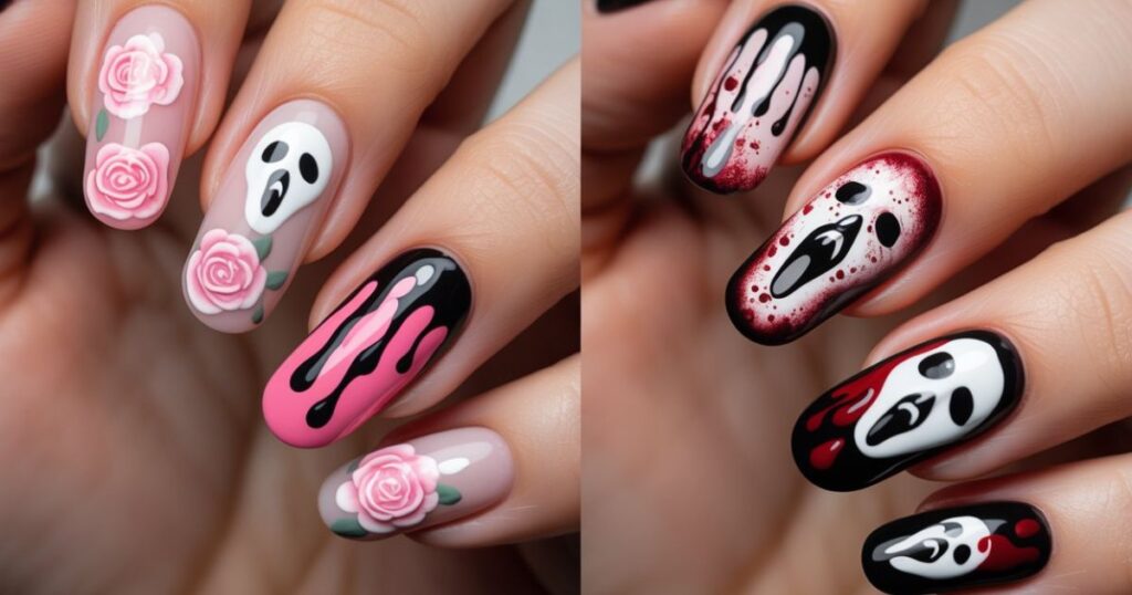 Mixed Media Horror Coffin Nails with Blood Prints and Ghostface