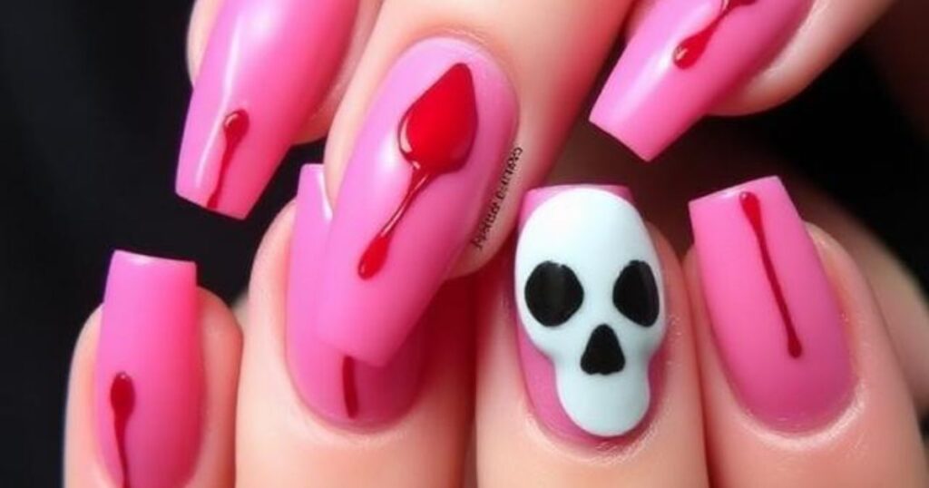 Pink Coffin Nails with Blood Splatter and Ghostface Details