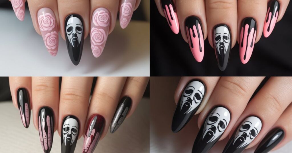 Pink and Black Drip Almond Nails with Ghostface Accent