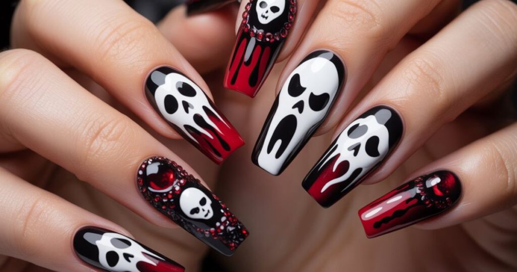 Shimmer Black Almond Nails with Ghostface and Evil Prints