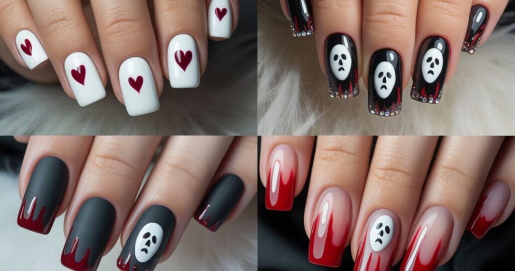 White Square Nails with Bloody Hearts and Screaming Ghostface
